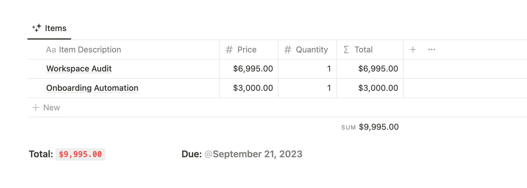 Notion invoice pricing section