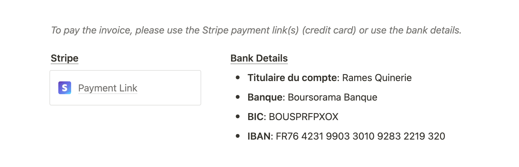 Notion invoice payment options (Stripe payment link or bank details)