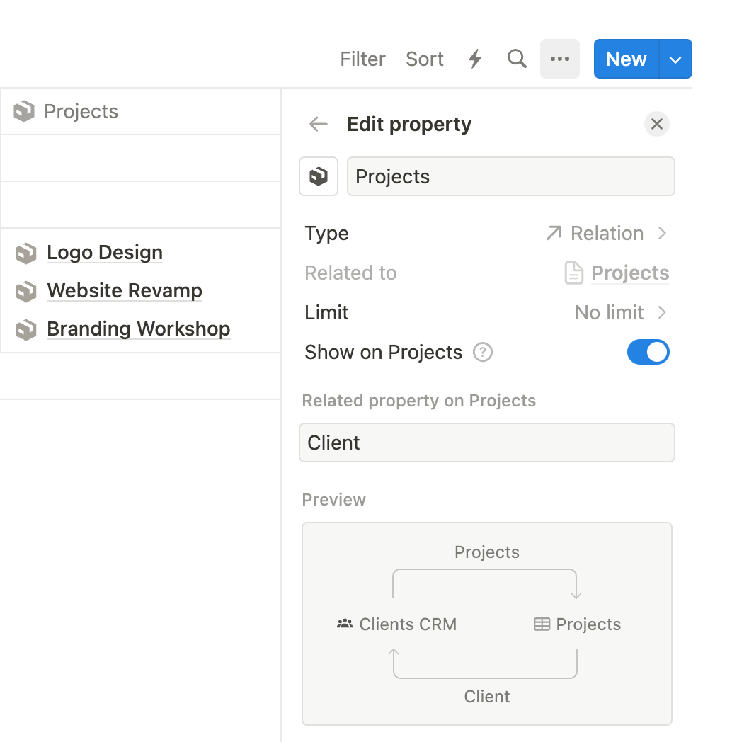 Notion CRM link to Notion projects