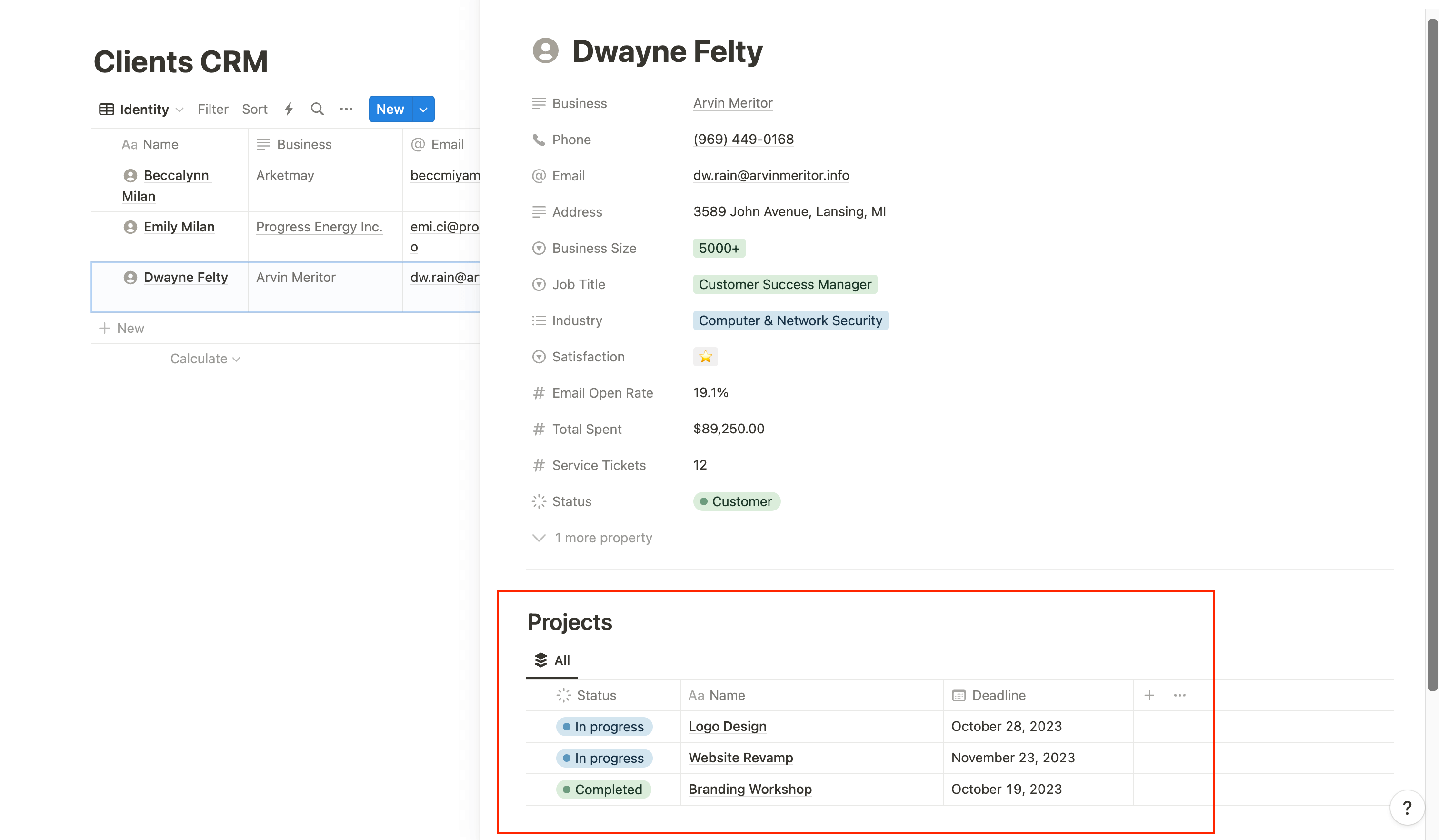 CRM example with linked view of Projects database