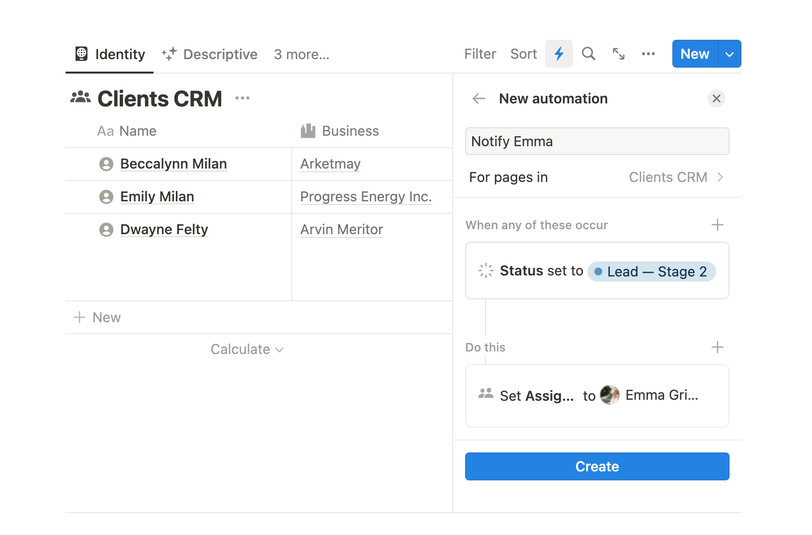 Assign a person in Notion CRM when status change