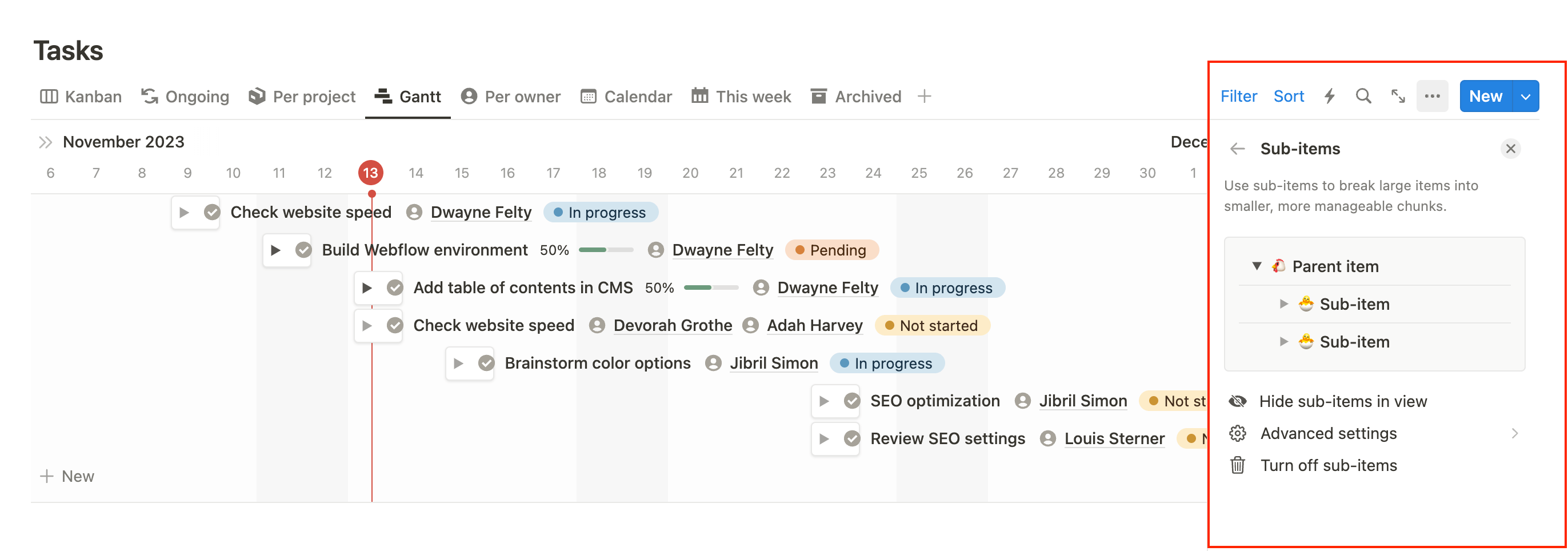 Notion Subtasks settings