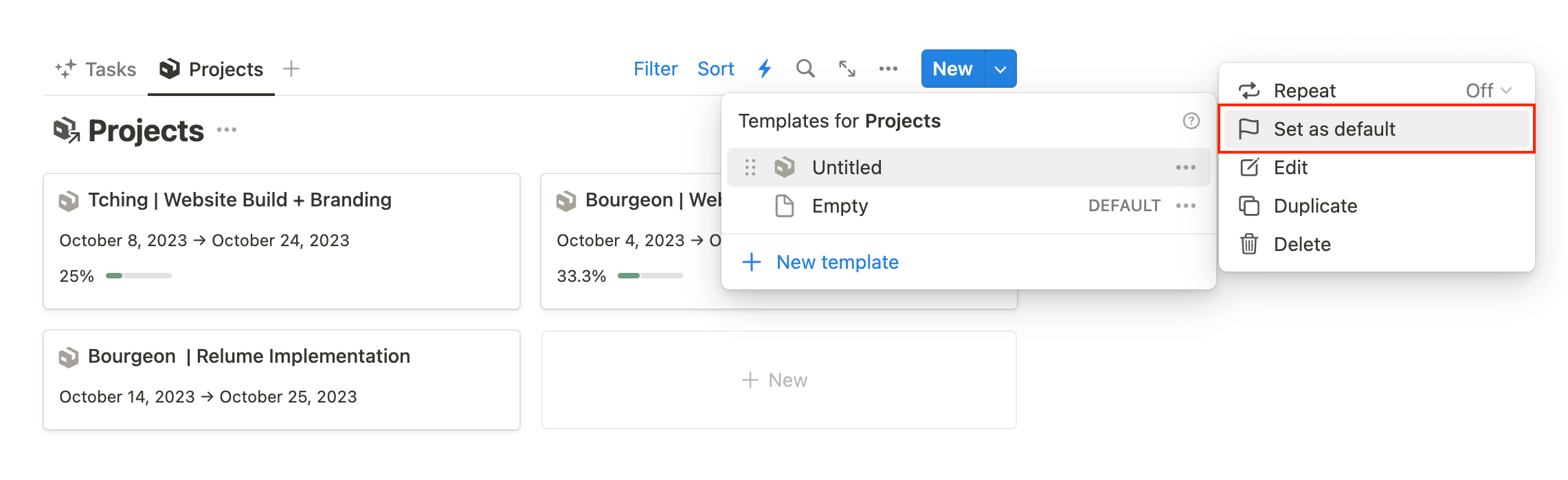 Notion set a database template as default