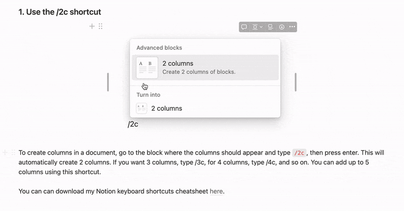 Notion columns by drag & drop