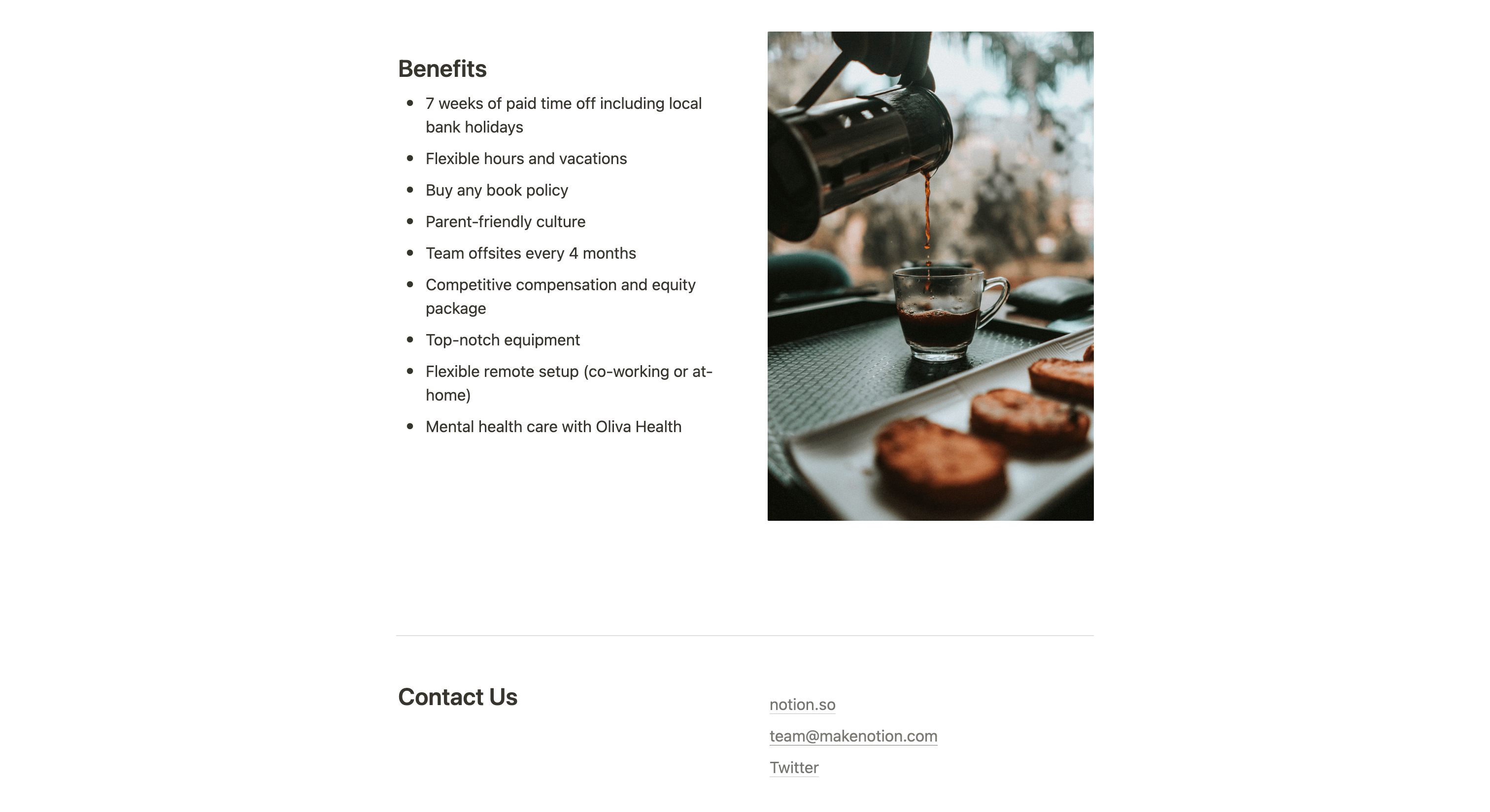 Notion Careers Page Benefits & Contact us sections
