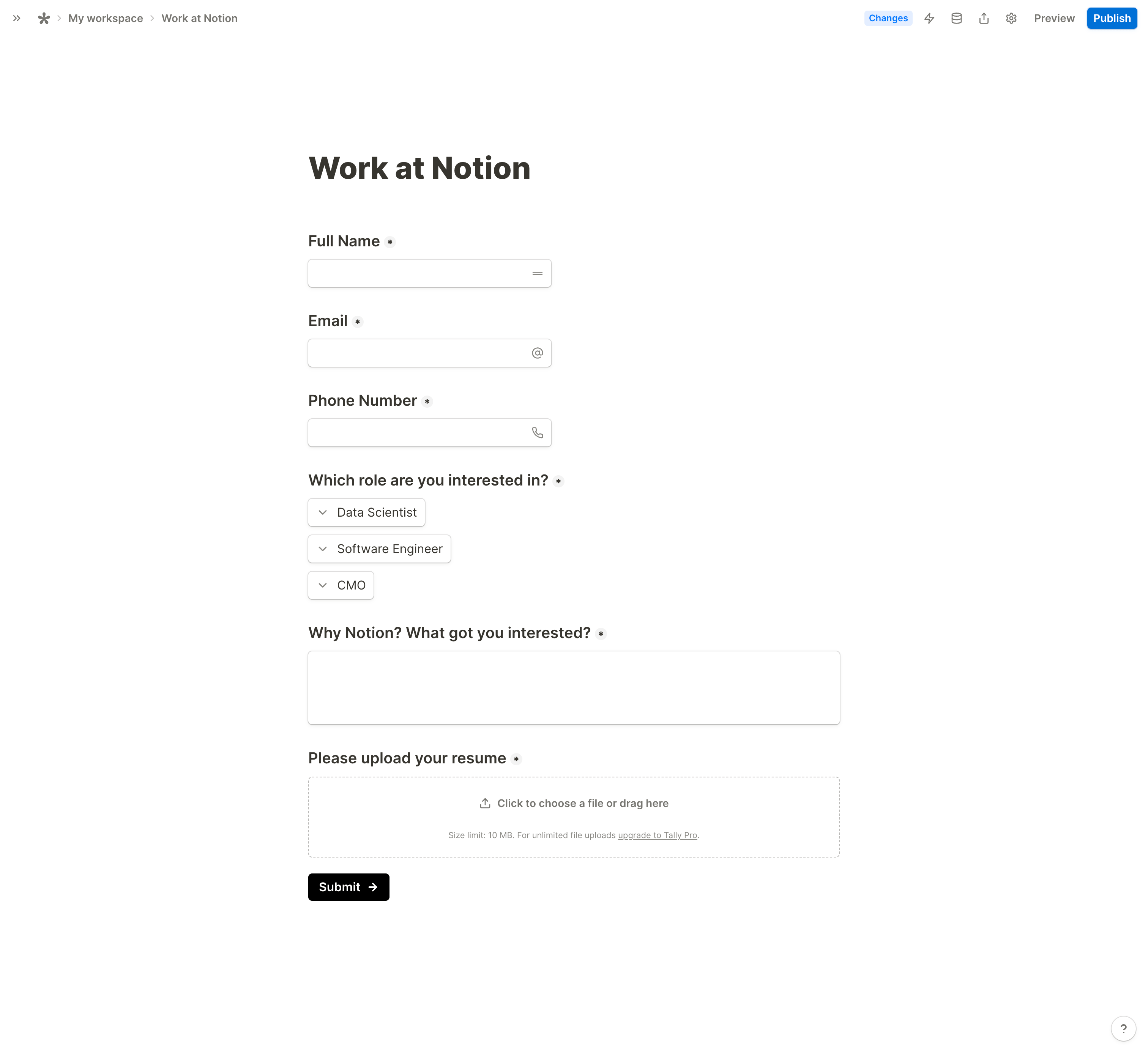 Notion Hiring Template Tally Form