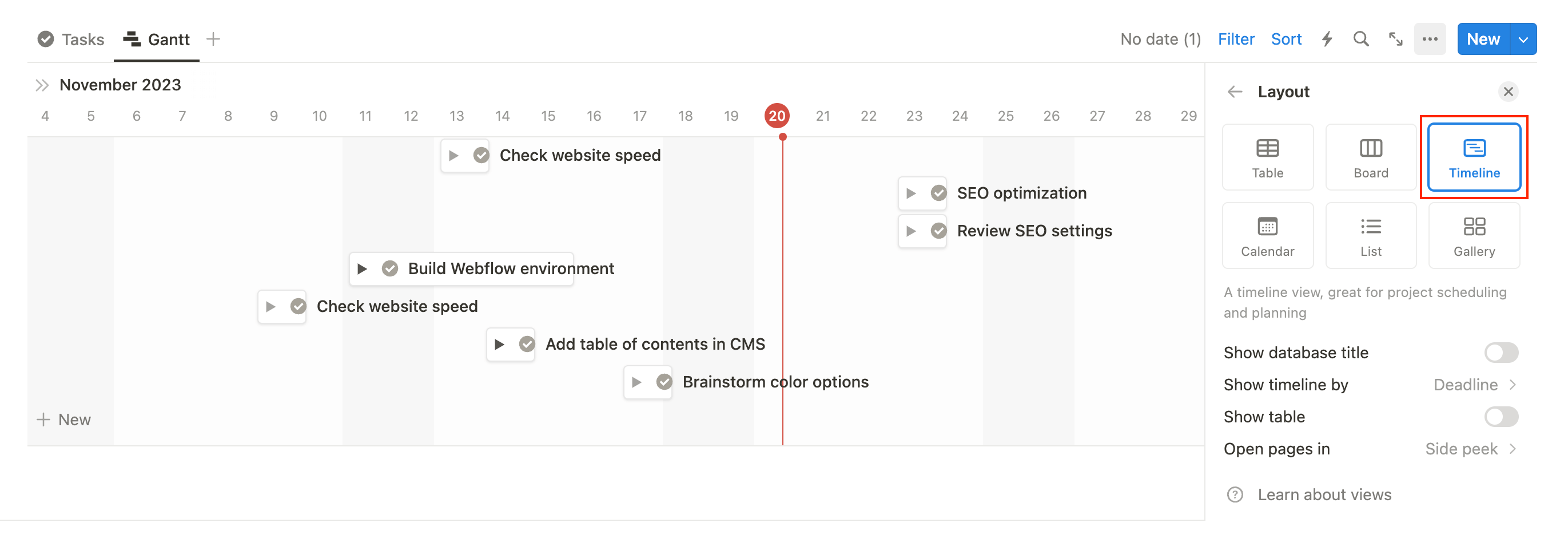 Notion timeline view for Gantt chart