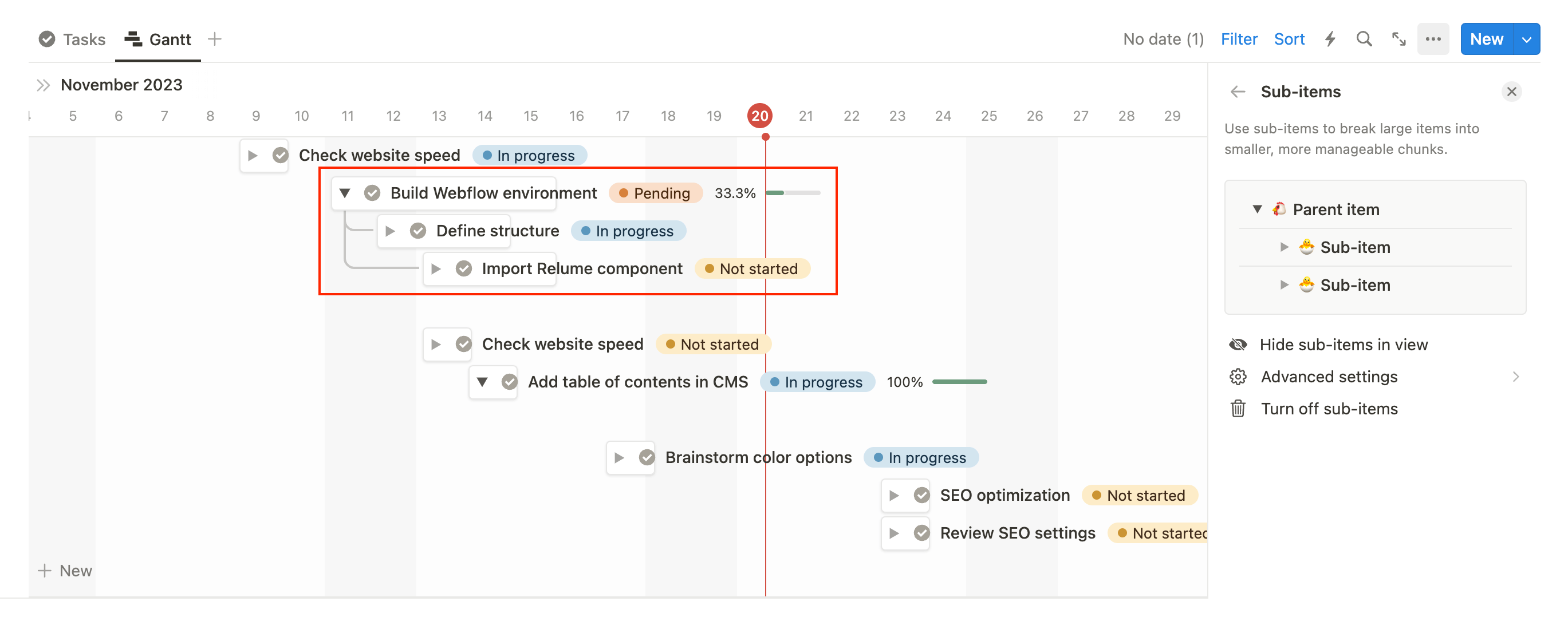 Add sub-items to your Gantt chart