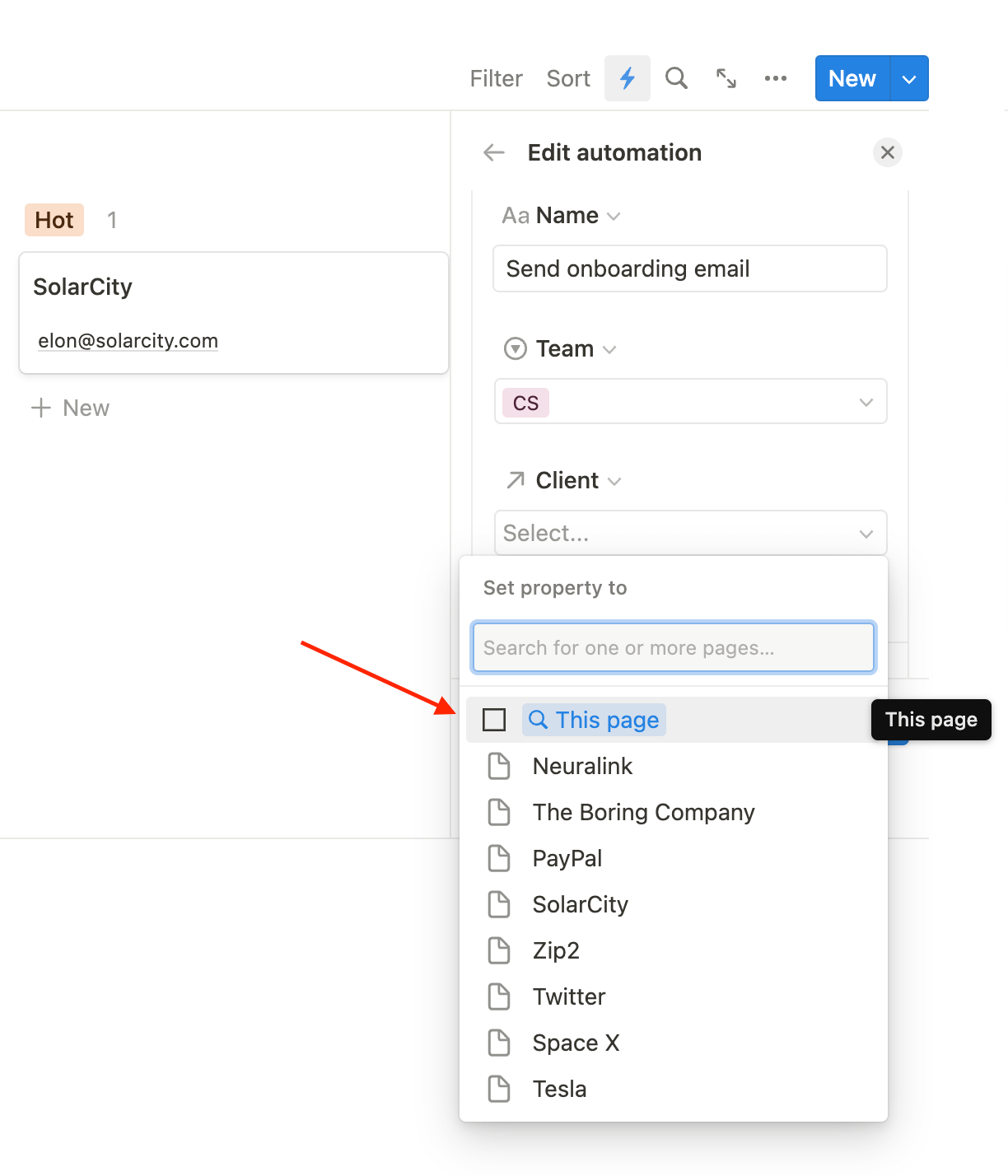 Notion select this page for database automation