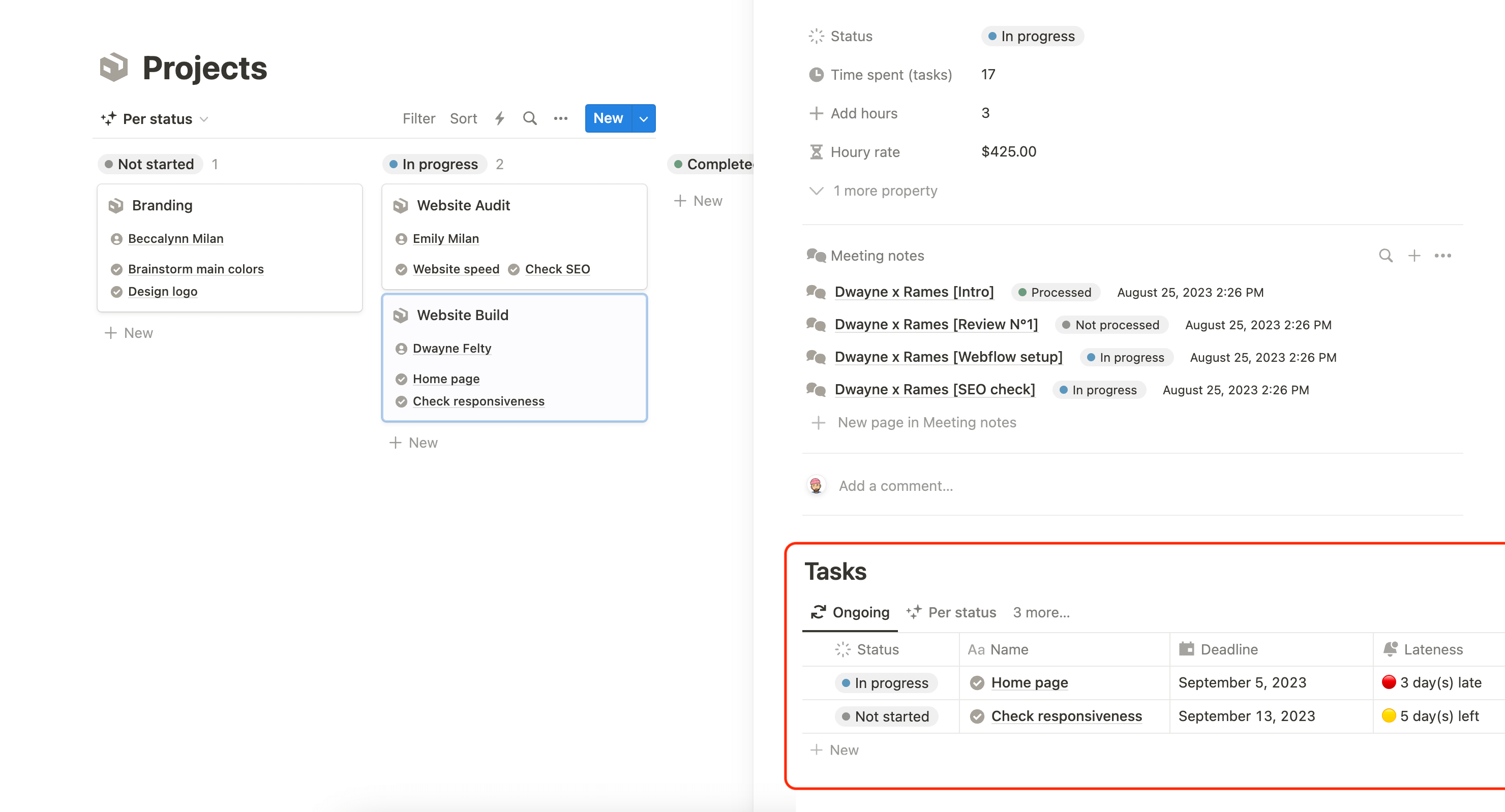 Notion project management with tasks