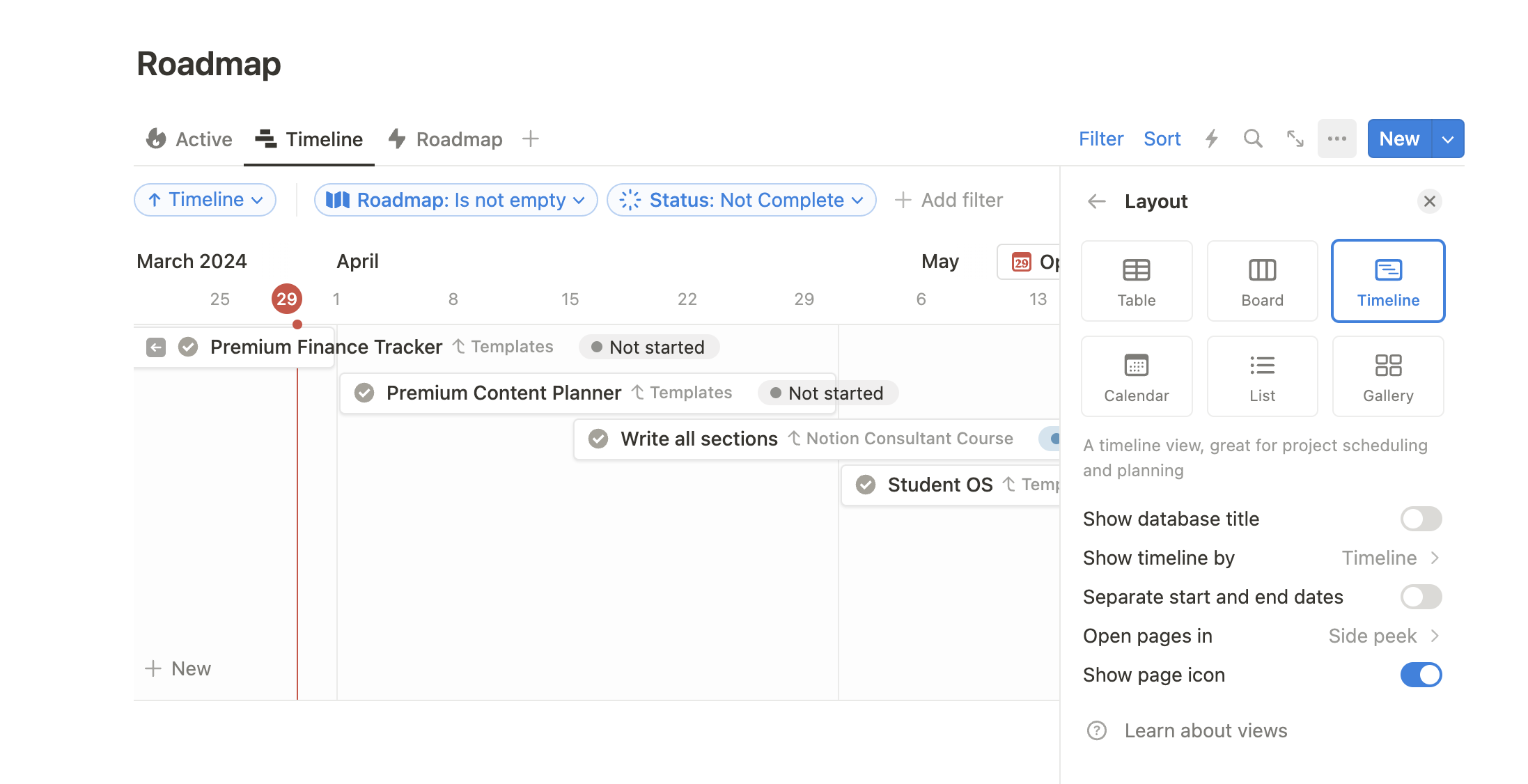 Notion Gantt chart with timeline view