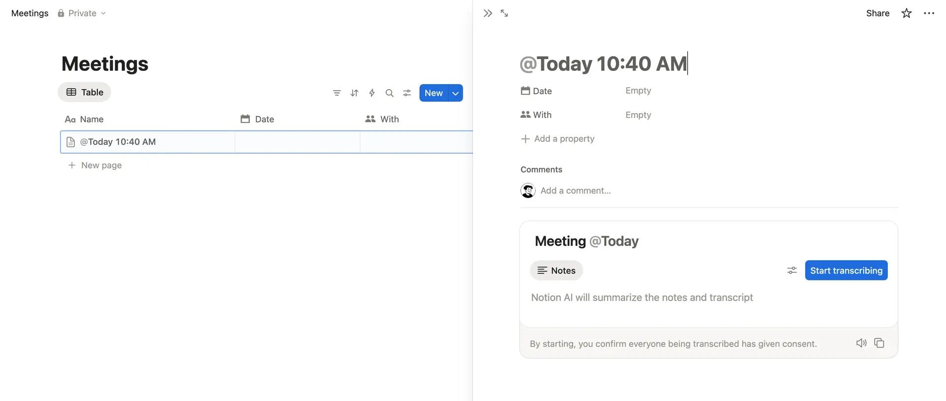 notion meeting note database page