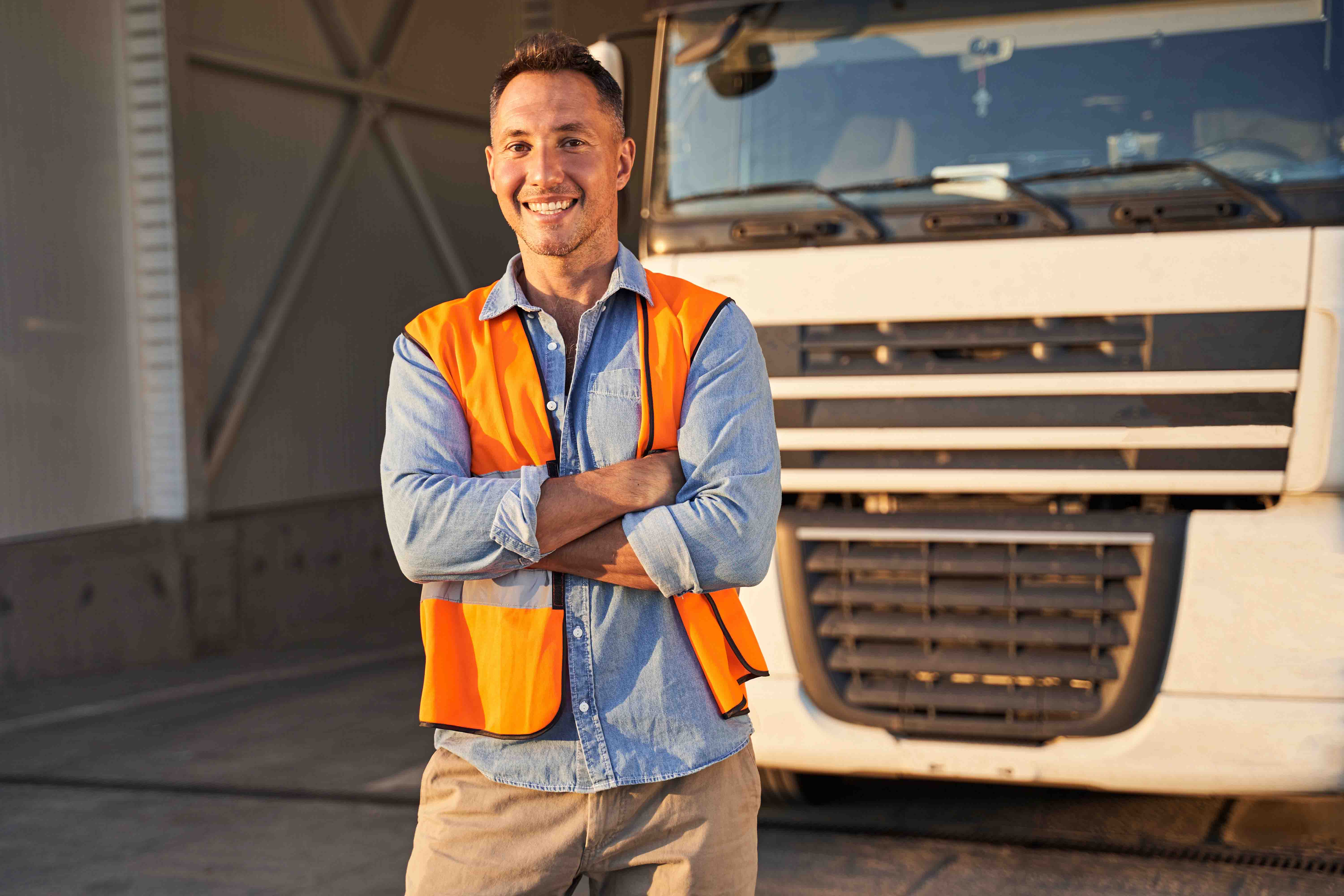 Worker in orange high vis jacket posing with his arms folded smiling at the camera