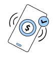 Cash-free icon with a white bill containing a black dollar sign surrounded by a blue circle and a black checkmark surrounded by a blue circle