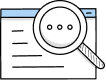Online booking icon with a white and blue index card with black lines and a white and black magnifying glass