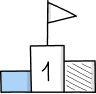 Satisfaction guaranteed icon with a blue rectangle, a white rectangle with a black 1 and a white and black flag and a black and white rectangle with crossmarks