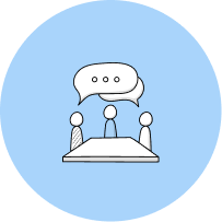 Handle the job icon with 3 stick people standing around a white table with a conversation bubble overhead