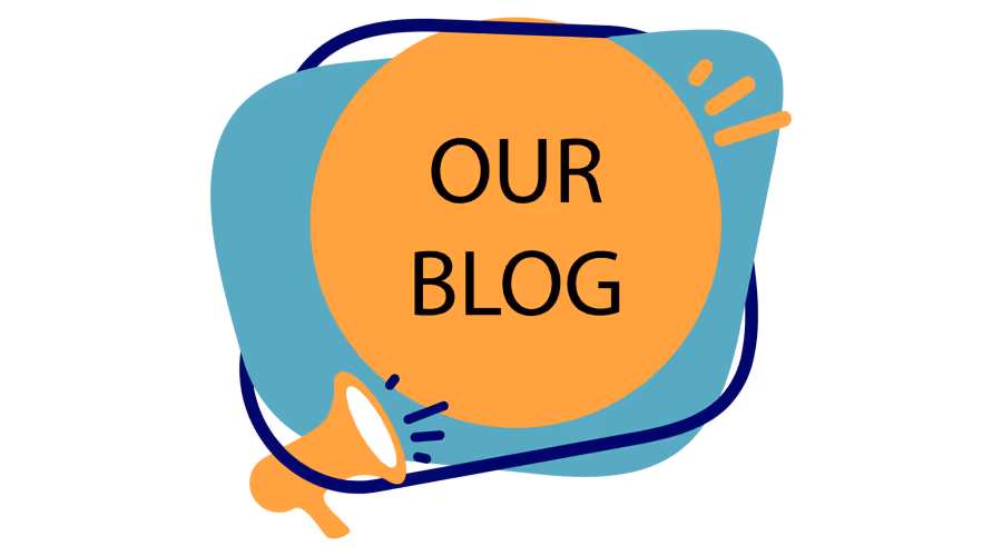 Colorful graphic design with "Our Blog" text and megaphone icons