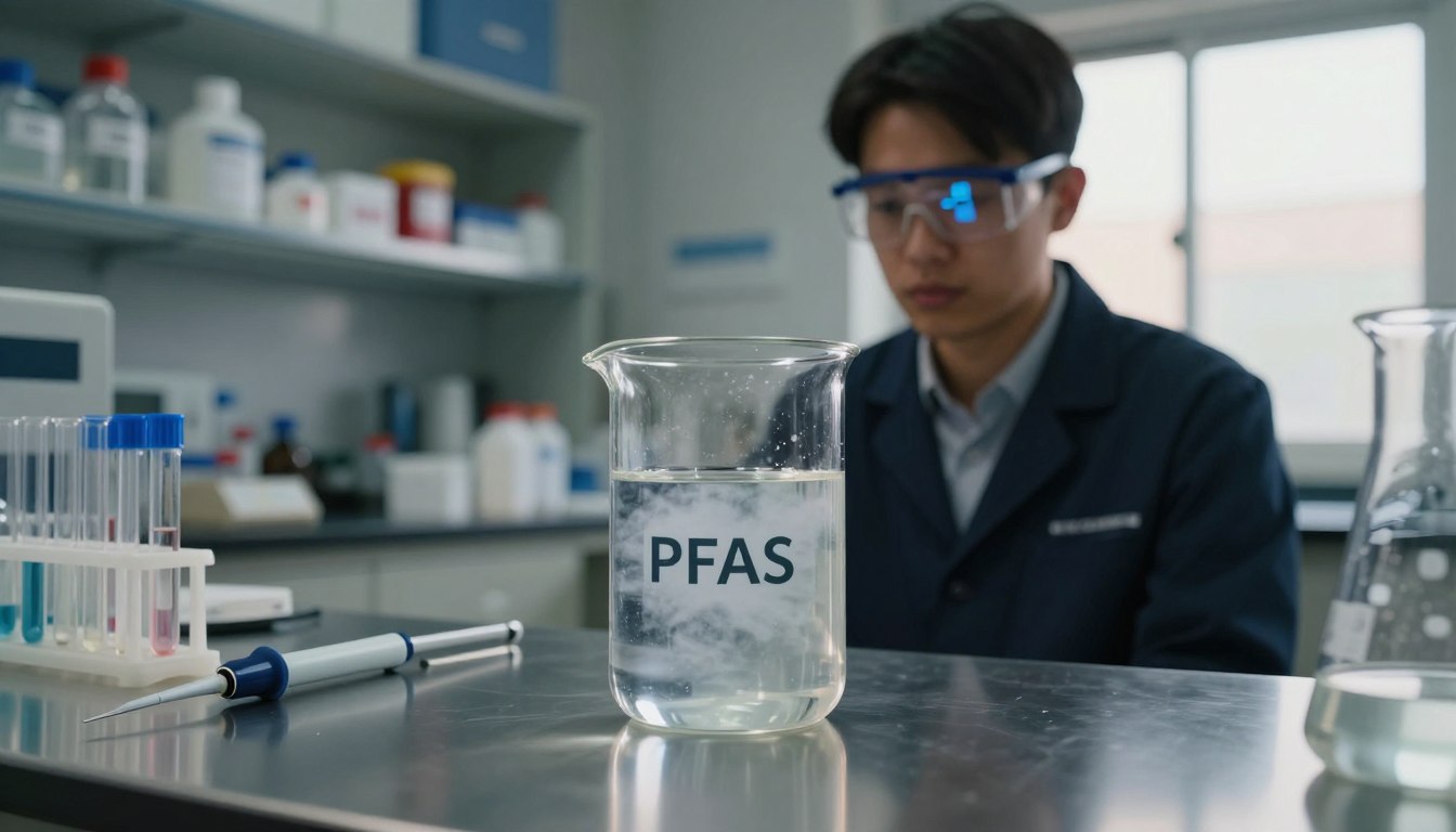 Scientist wearing safety glasses in lab focusing on a beaker labeled PFAS with clear liquid inside.