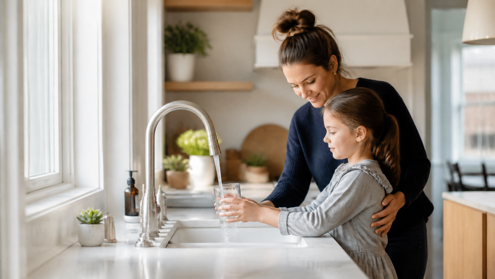 Family in the kitchen with an A & B Water Consultants technician