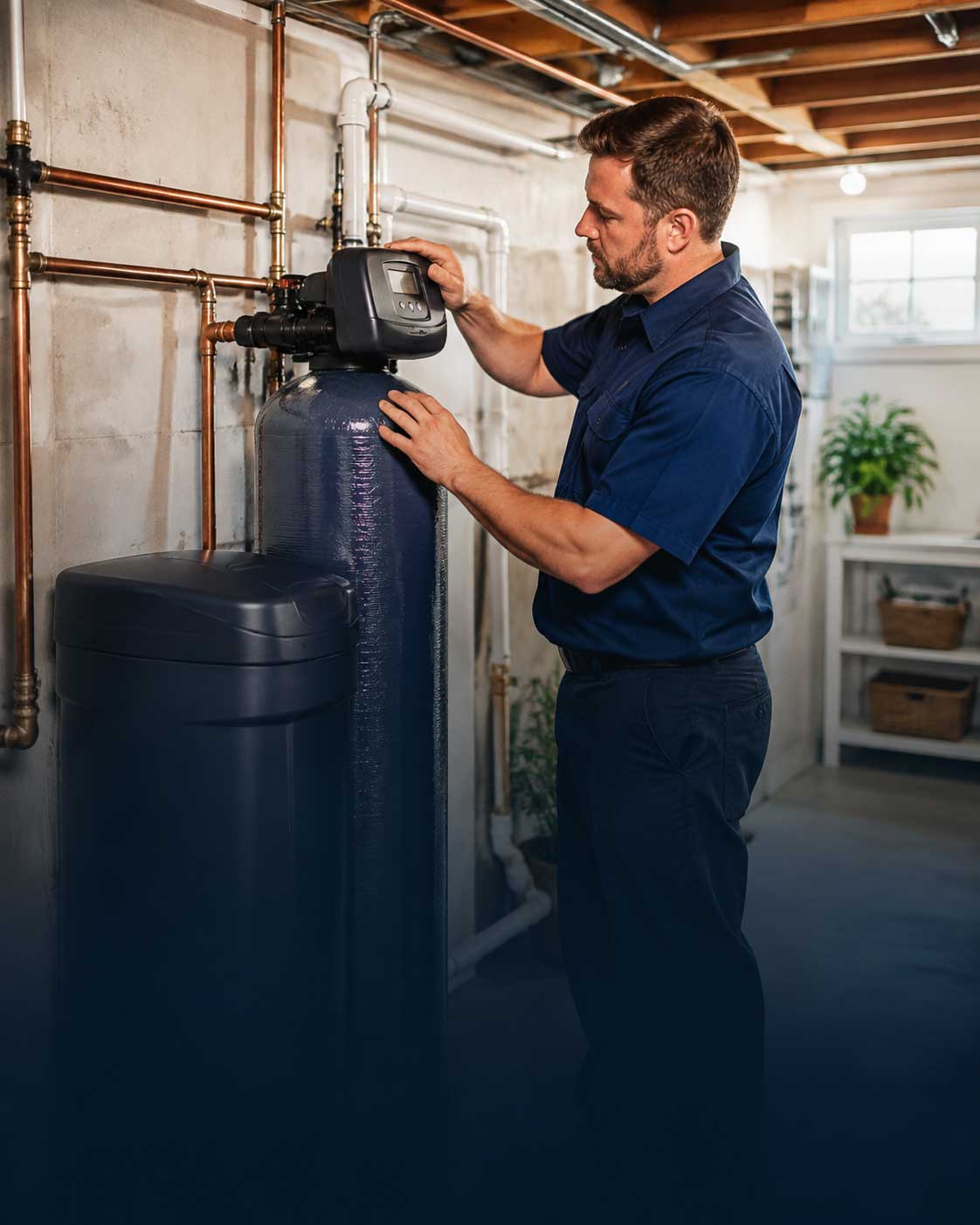 Placeholder photo — will be replaced with technician.png (technician installing water softener)