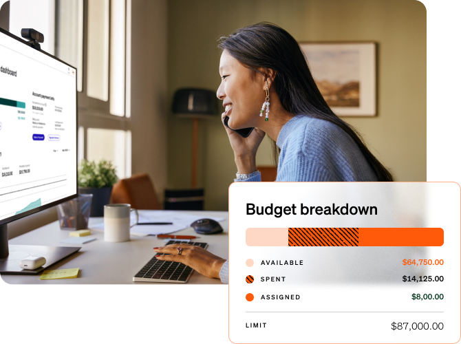 A woman talks on the phone while working on a computer, a Budget breakdown message with available, spent, and assigned amounts.