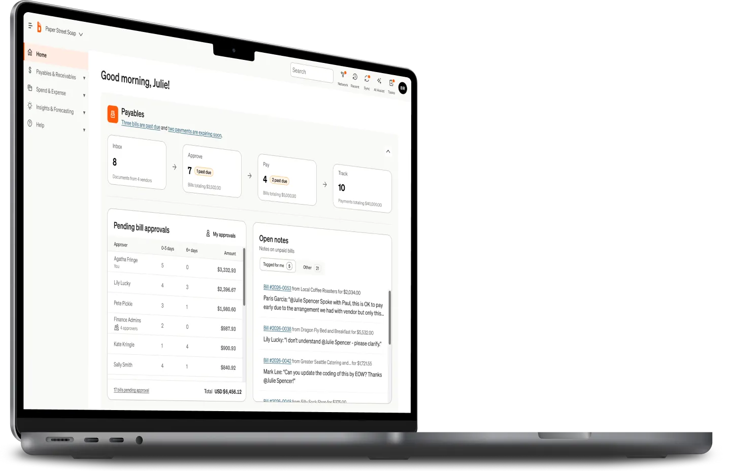 BILL Payables dashboard shown on a modern laptop.