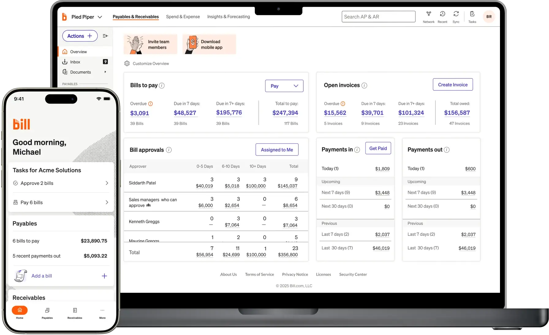 A laptop and phone display a BILL accounts payable dashboard with billing, invoices, and payment task summaries.