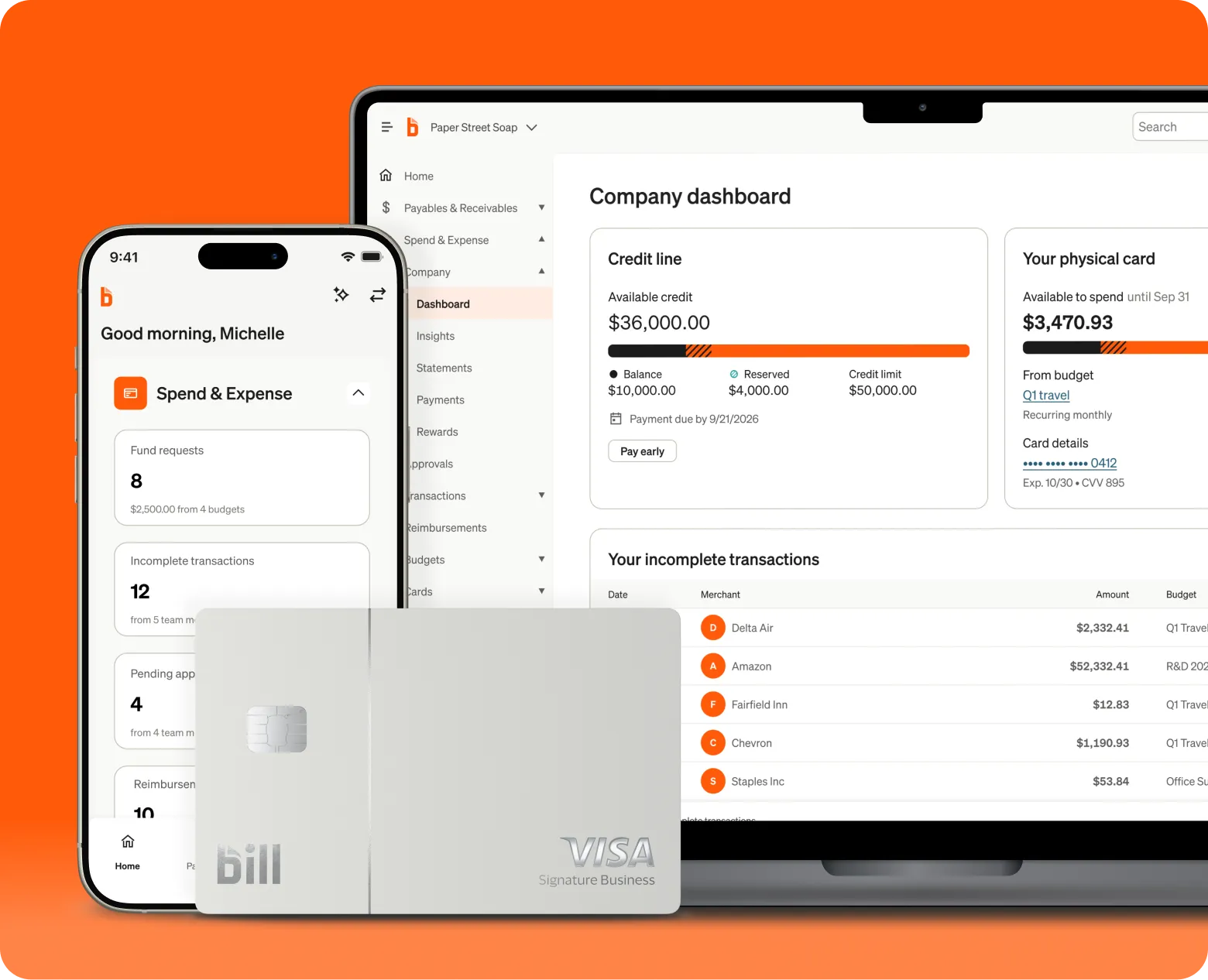 A laptop, smartphone, and credit card displaying BILL financial management tools and dashboard screens with a BILL Divvy Card in front.