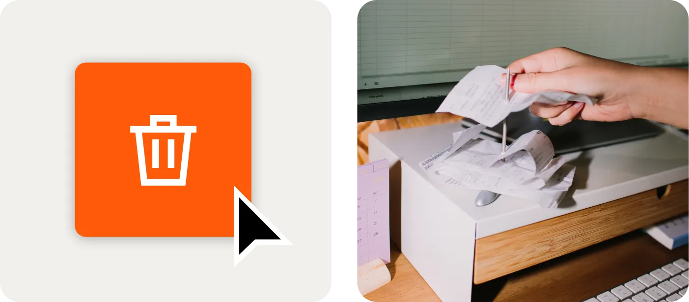 Split frame: a white trashcan icon on a bright orange background with a cursor hovering over it sits beside a closeup of a hand placing receipts on a spindle in an office setting.