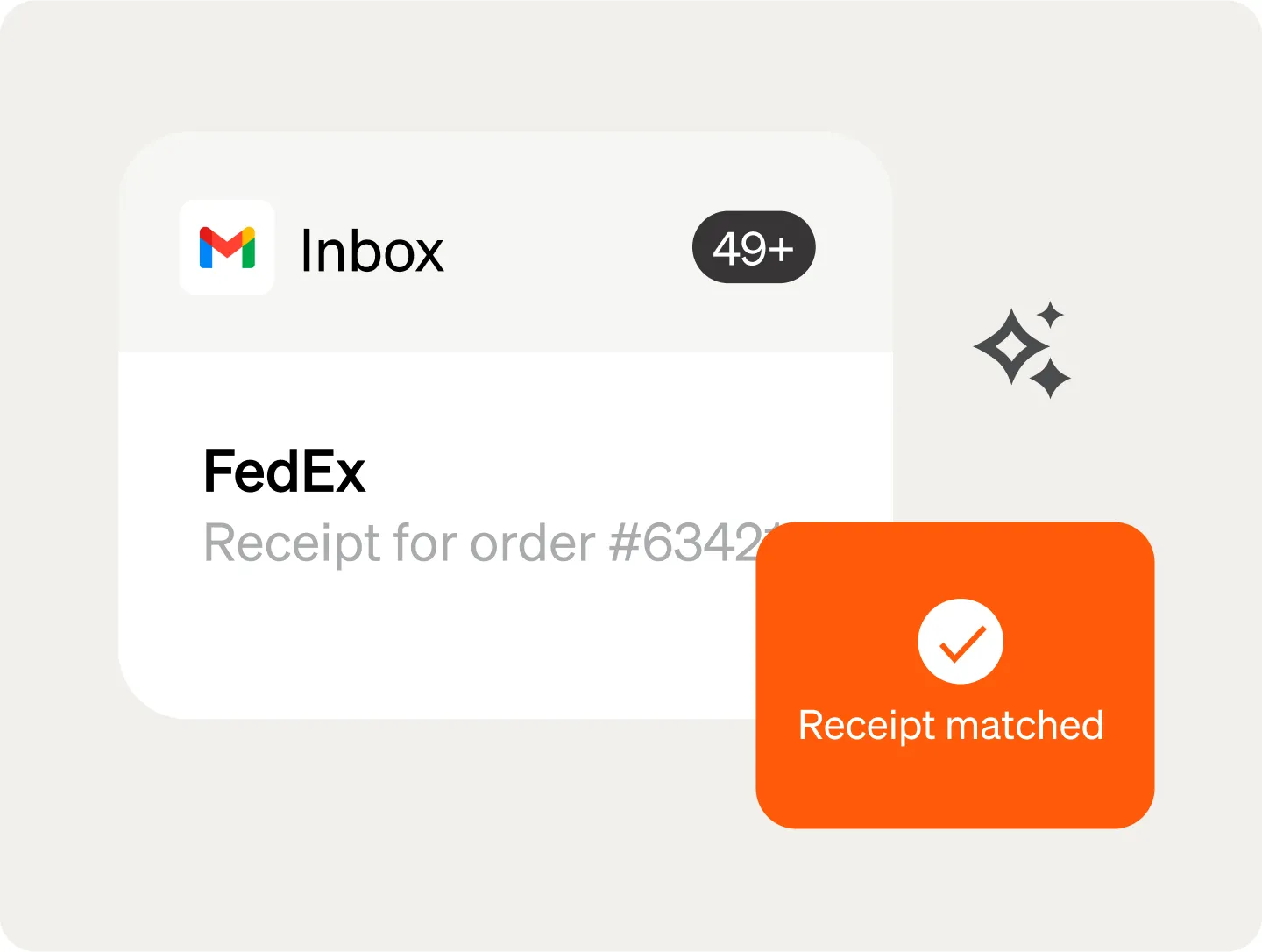 Gmail inbox notification shows a FedEx receipt email; a checkmark icon says "Receipt matched" on an orange background an AI icon is above.