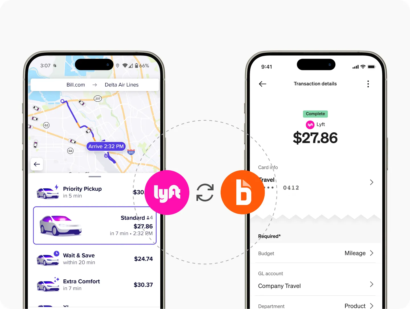 Two smartphones side-by-side one shows a Lyft route, the other a payment transaction, they are connected by Lyft and BILL logos in the center with a sync icon between.