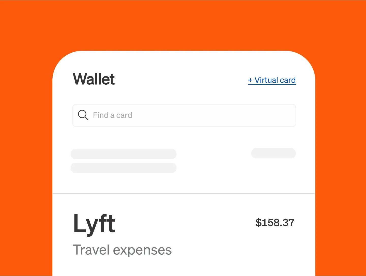 A digital wallet screen showing a $158.37 Lyft travel expense on an orange background.