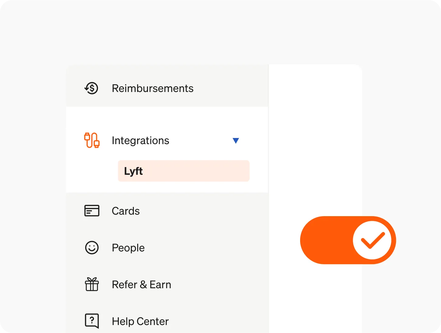 Sidebar menu highlighting "Integrations" with "Lyft" selected, and an orange checkmark on the right.