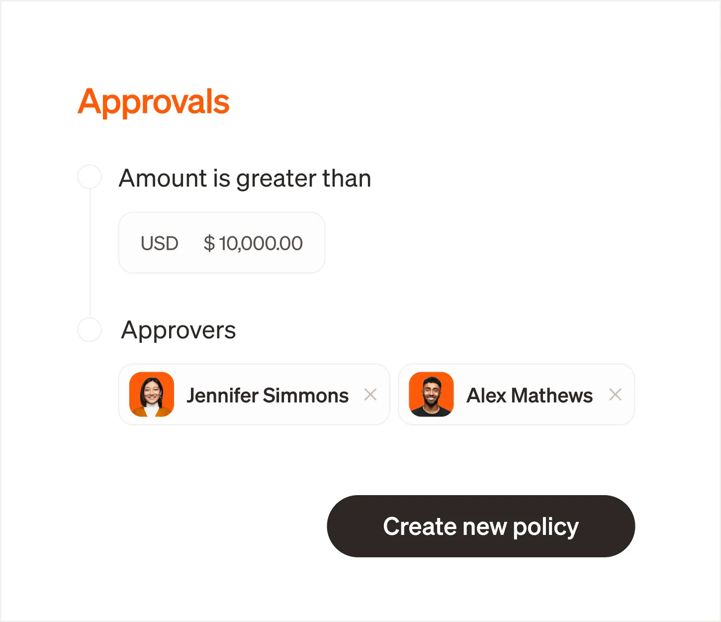 App UI showing approval setup screen with amount set to $10,000 and two approvers selected, plus a "Create new policy" button.
