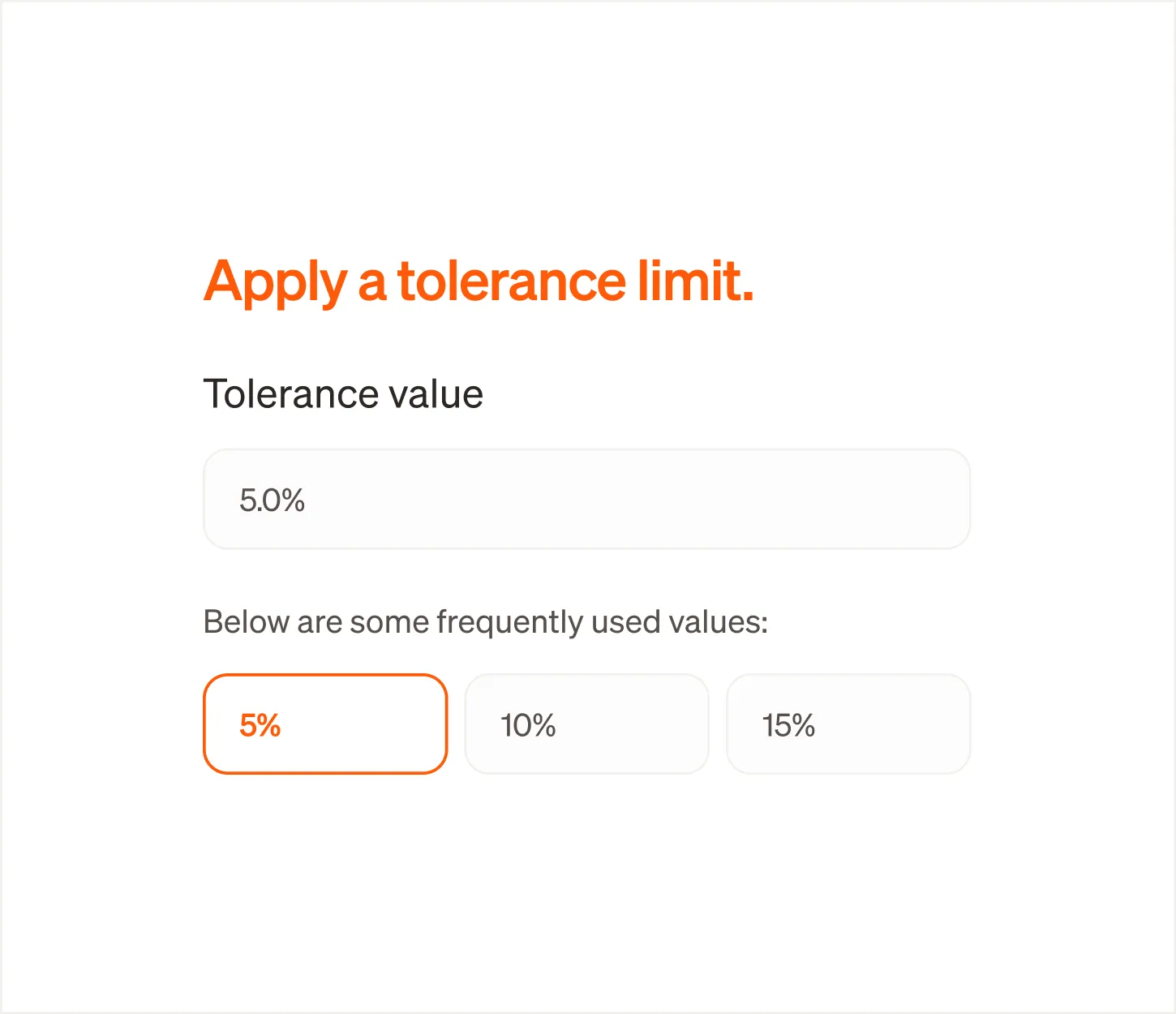 App UI reading "Apply a tolerance limit" and showing a tolerance value, with 5% selected and options for 5%, 10%, and 15% shown below.