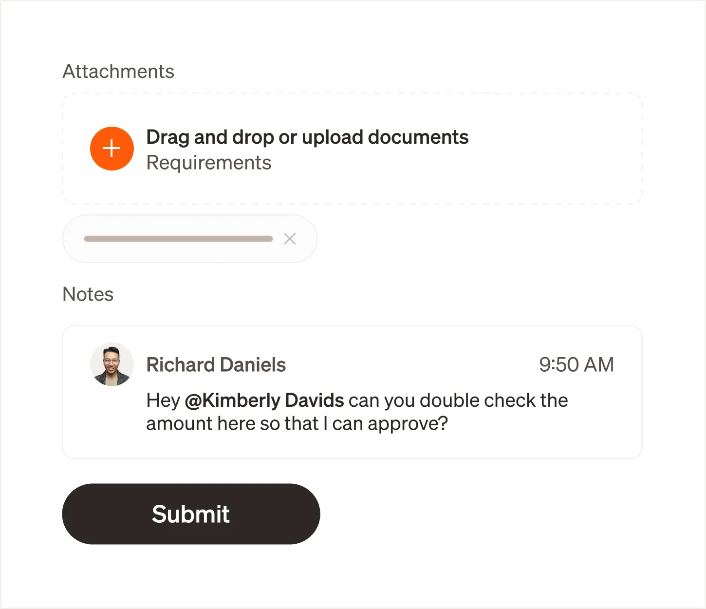 App UI showing a screen with file upload, a note asking for an amount check, and a black "Submit" button at the bottom.