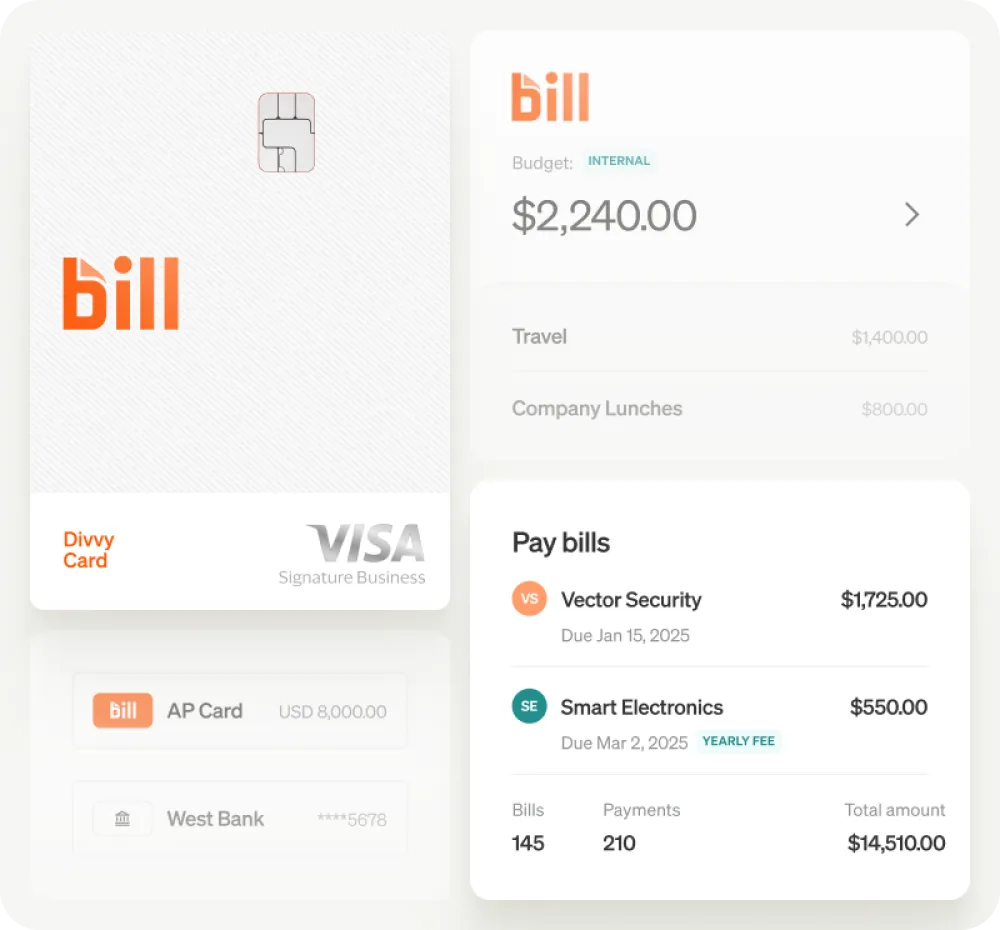 BILL's software interface UI and an image of the Divvy card