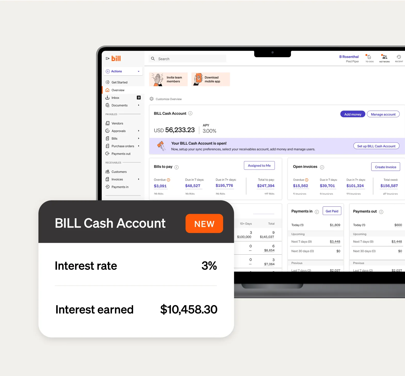 A laptop displays a BILL dashboard; inset highlights a 3% interest rate and $10,458.30 earned.
