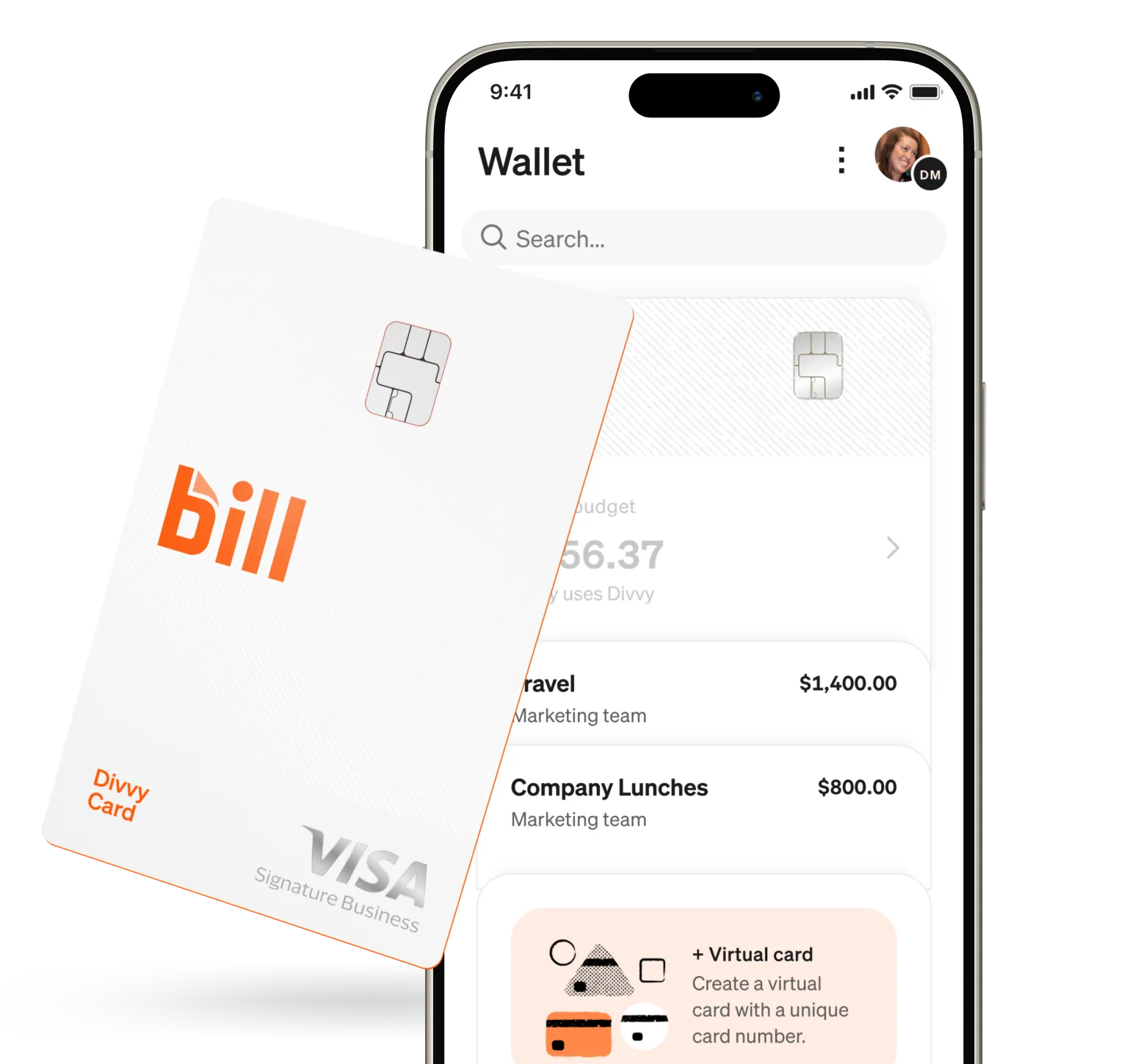 BILL mobile dashboard on an smartphone with a BILL Divvy Card leaning against it