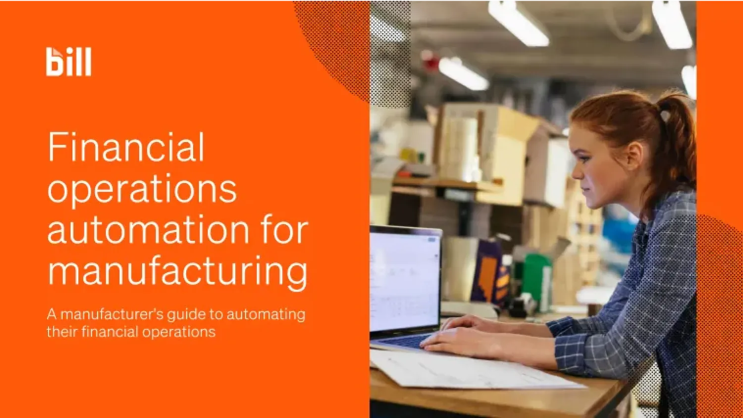 Guide cover with image of a woman on a laptop in a warehouse with title on the left