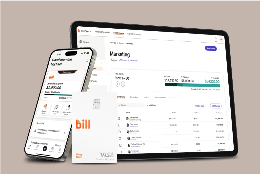 A smartphone and tablet displaying a BILL dashboard for Marketing, a BILL Divvy Card sits in front.
