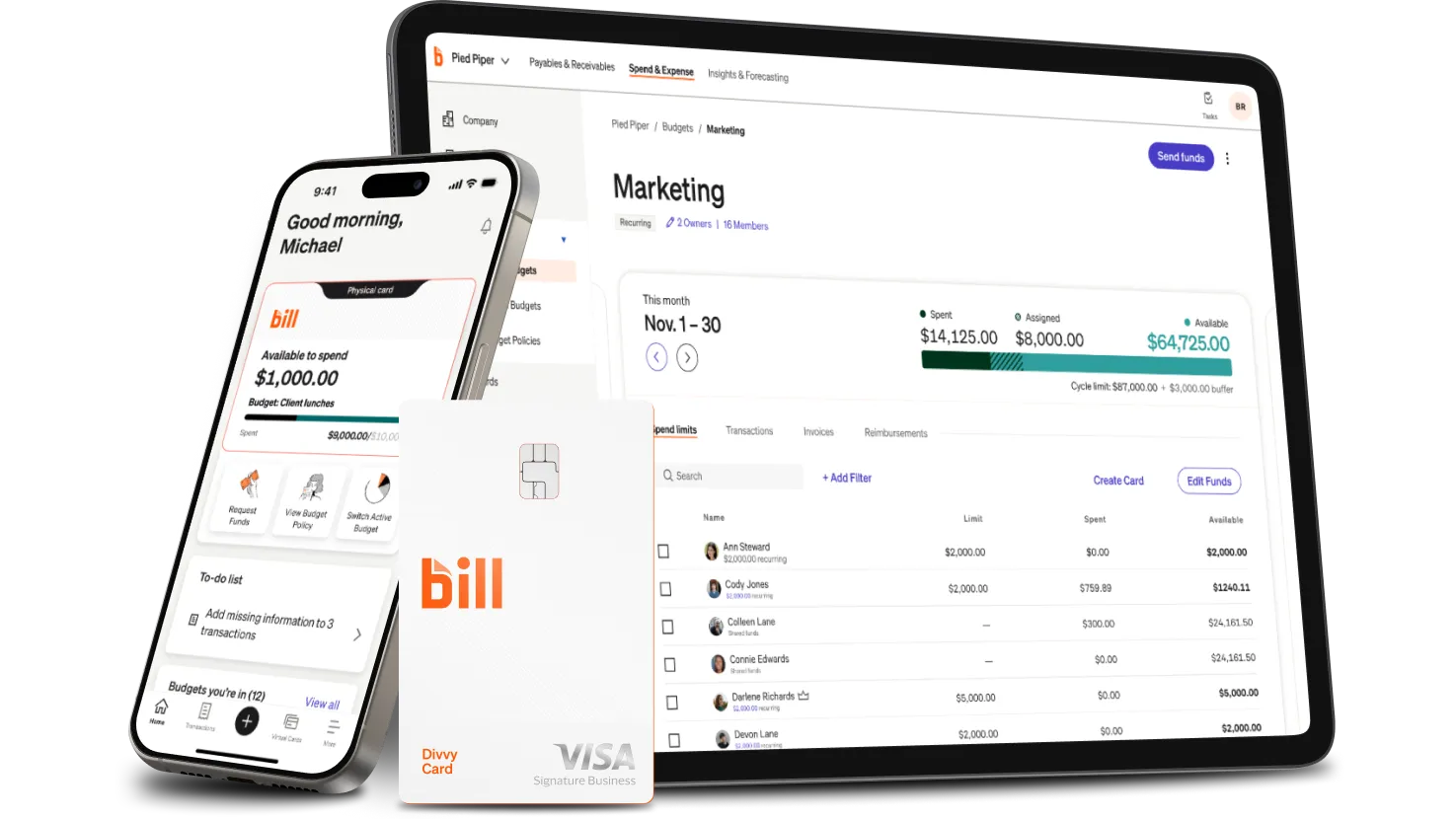 A smartphone and tablet displaying a BILL dashboard for Marketing, a BILL Divvy Card sits in front.