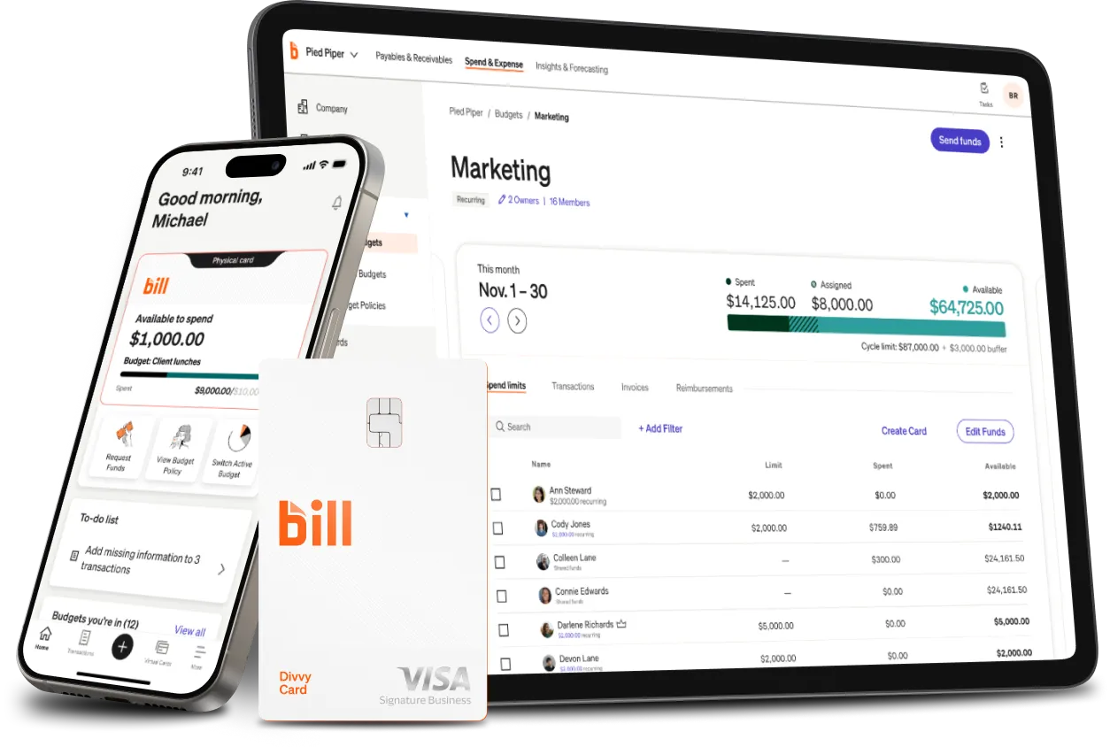 A smartphone and tablet displaying a BILL dashboard for Marketing, a BILL Divvy Card sits in front.