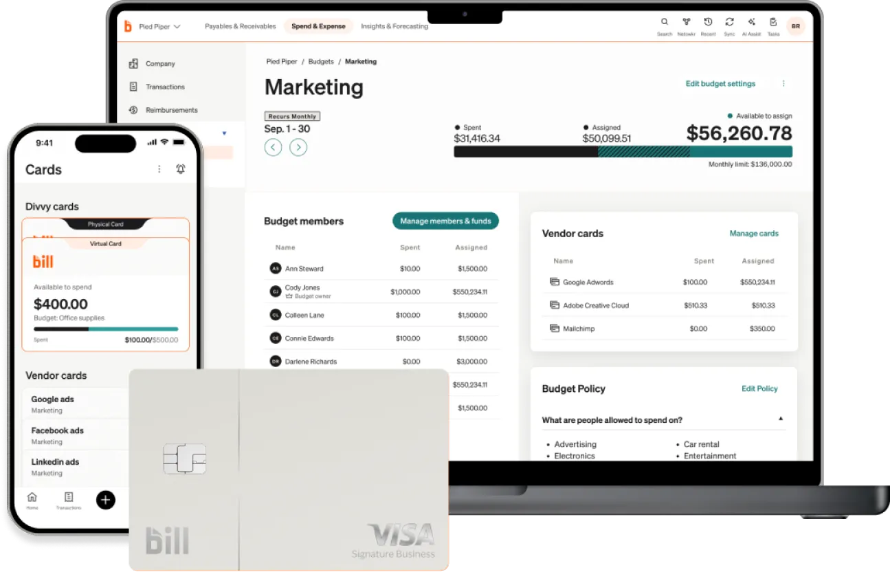 A smartphone and latptop displaying a BILL dashboard for Marketing, a BILL Divvy Card sits in front.