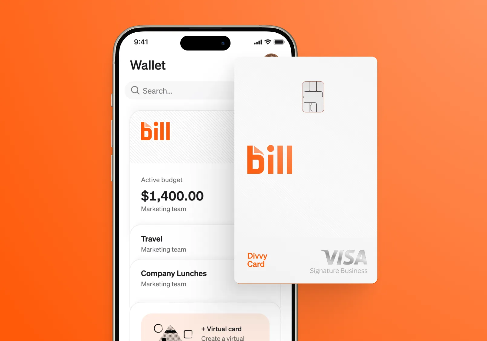 A BILL Divvy Card is held in front of a phone showing a BILL app dashboard on an orange background.
