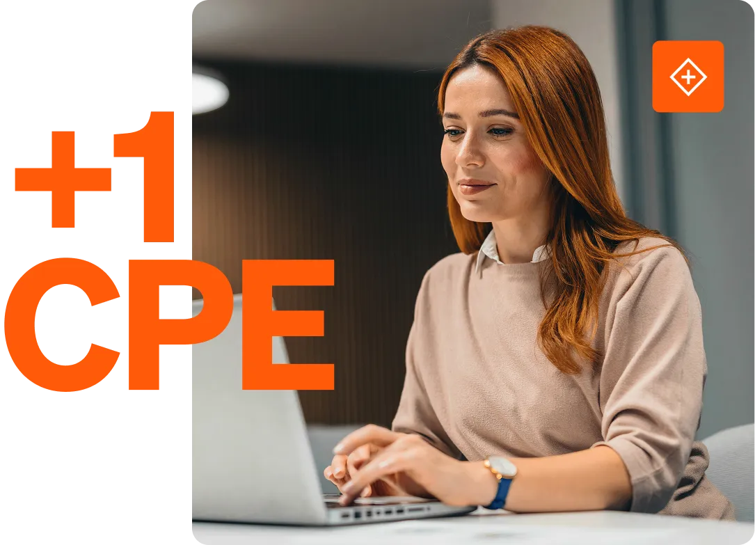 Woman with red hair types on a laptop next to large text reading "+1 CPE" in orange.