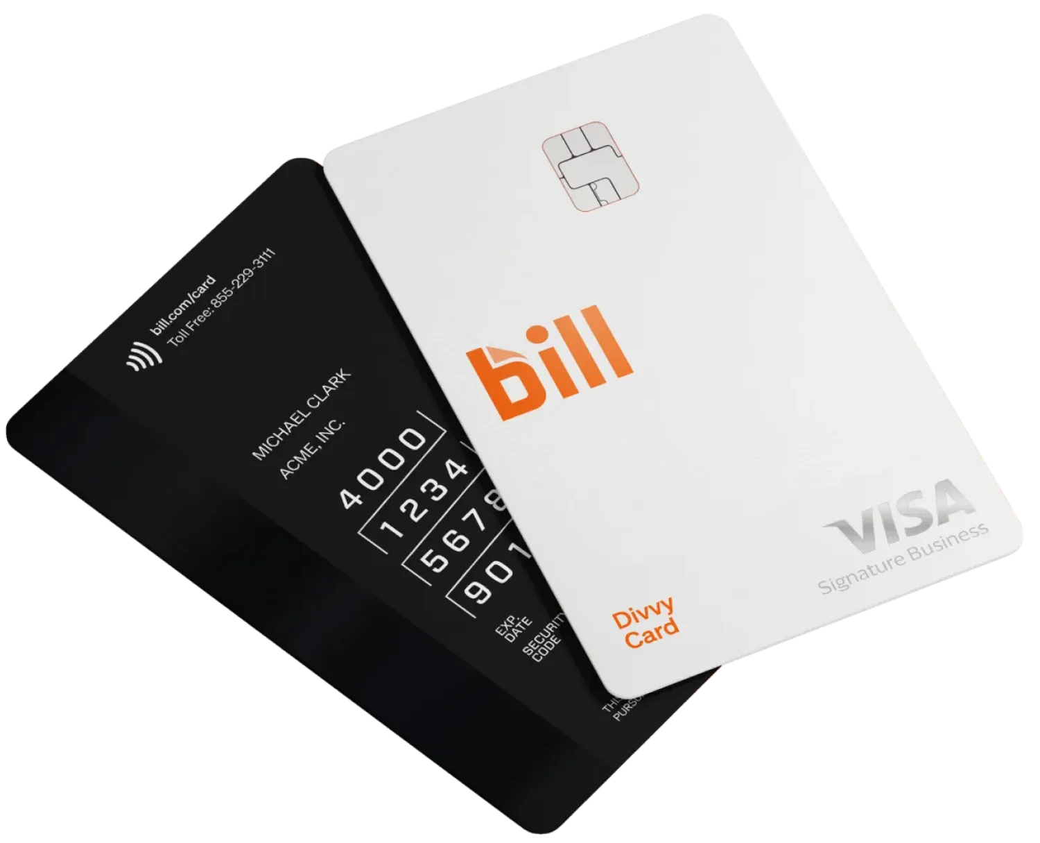 Front and back view of the BILL Divvy Card with BILL and Visa Signature logos