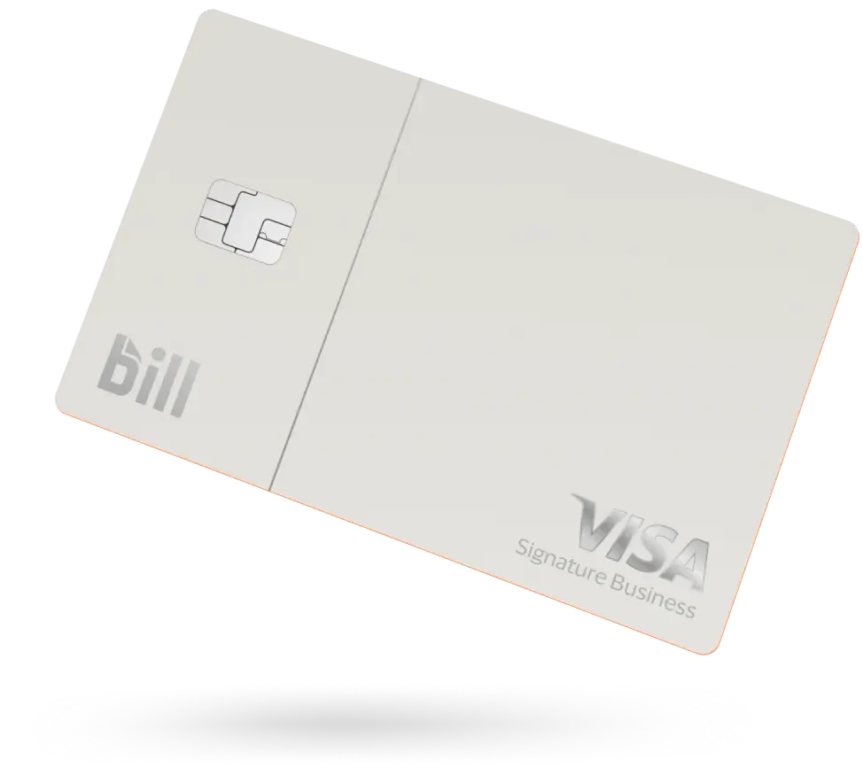 A horizontal, grey BILL Divvy Card with a chip and BILL logo on the left side and Visa Signature Business logo in the lower right corner.
