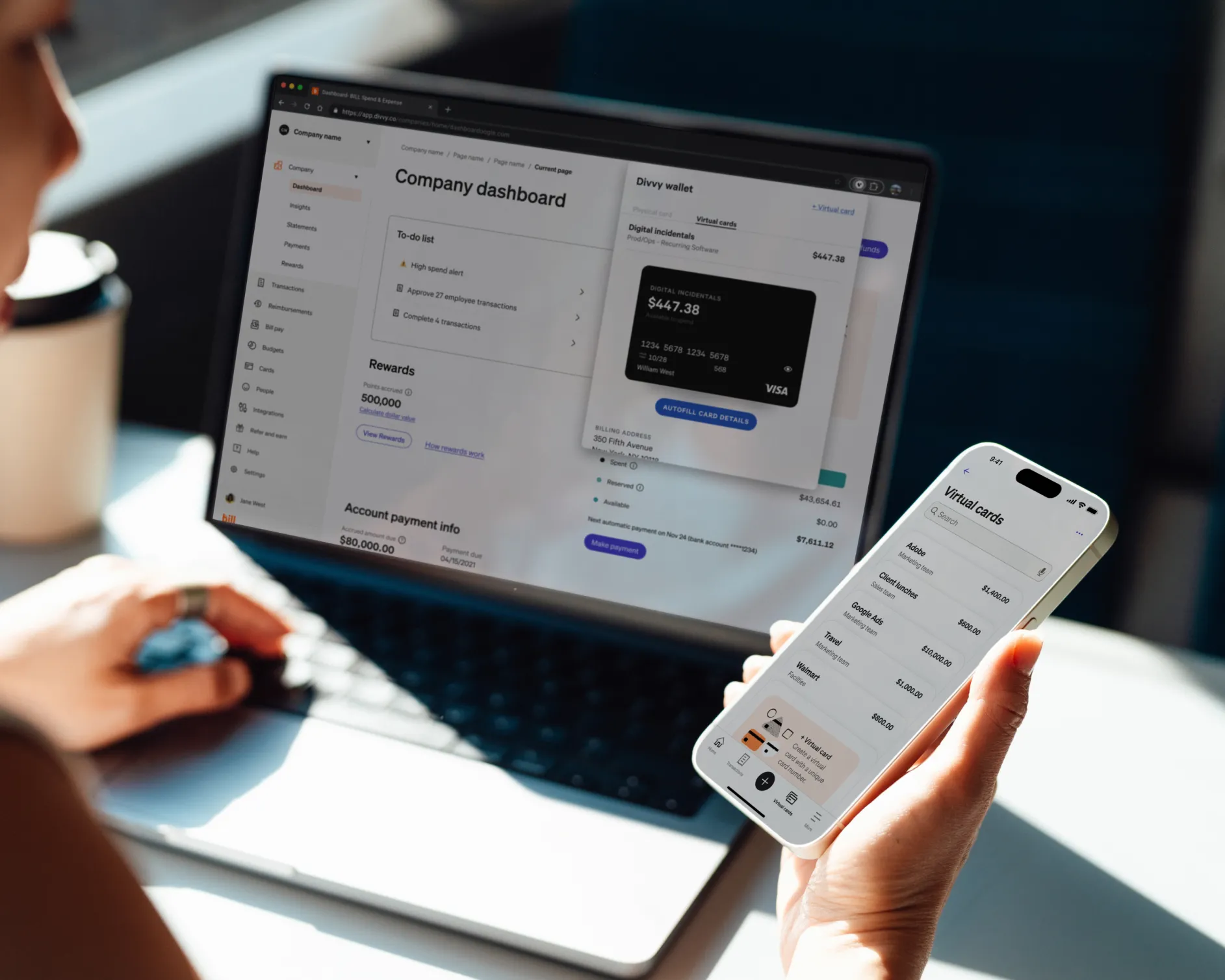 Person using a laptop and holding a smartphone, both displaying BILL Spend & Expense dashboards.